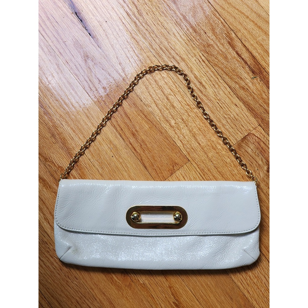 Hobo International Cream Patent Leather Clutch Bag Gold Chain Polka Dot Lining